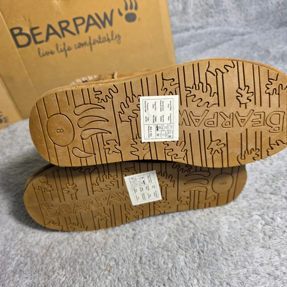 Bearpaw Boshie Suede Mid Calf Snow Boots Sheepskin Lined Winter Booties Sz 8 NEW